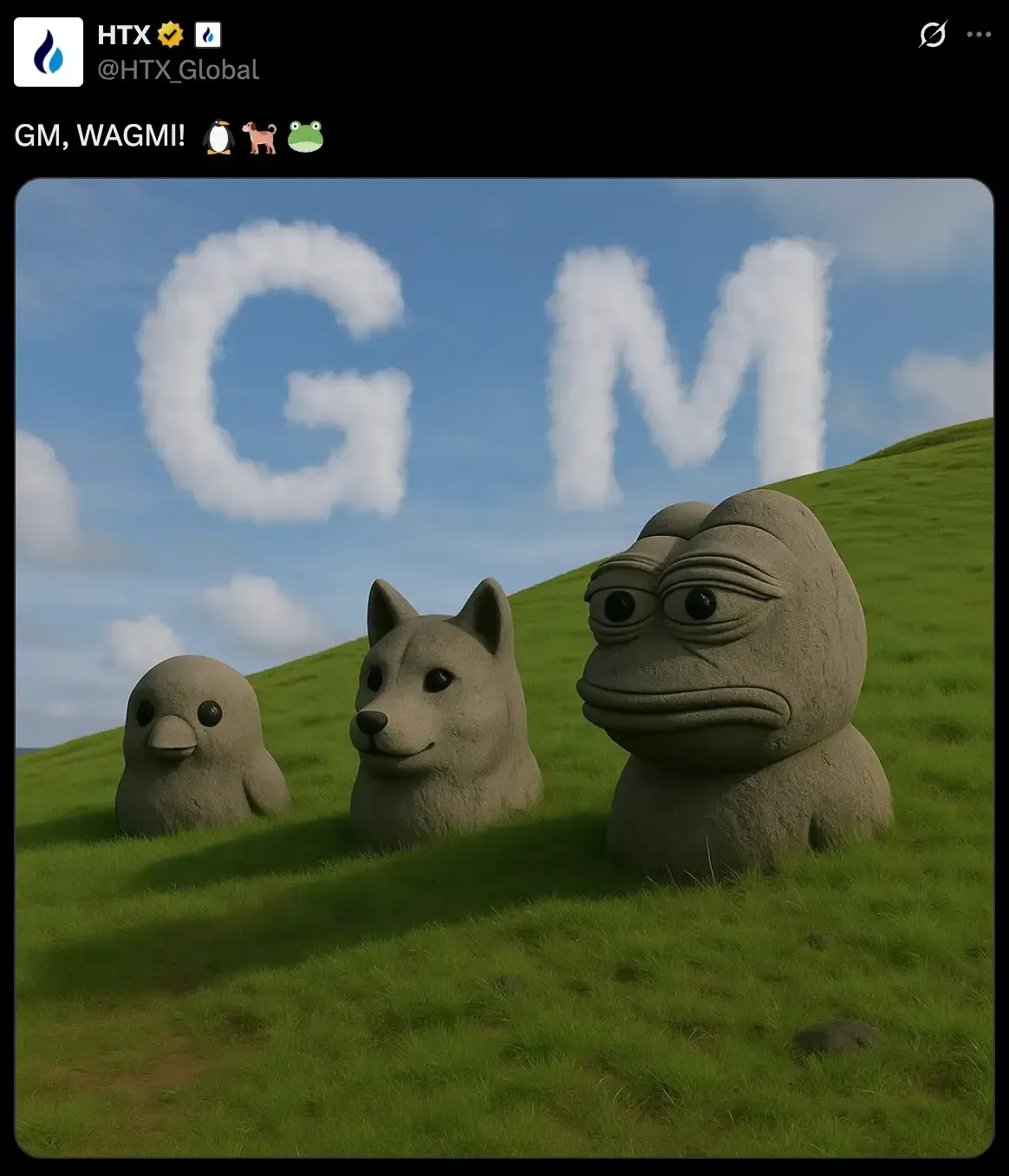 Три культовые статуи из мемов (птица, собака, Пепе), сидящие на травянистом холме под небом с надписью 'GM' из пушистых облаков.