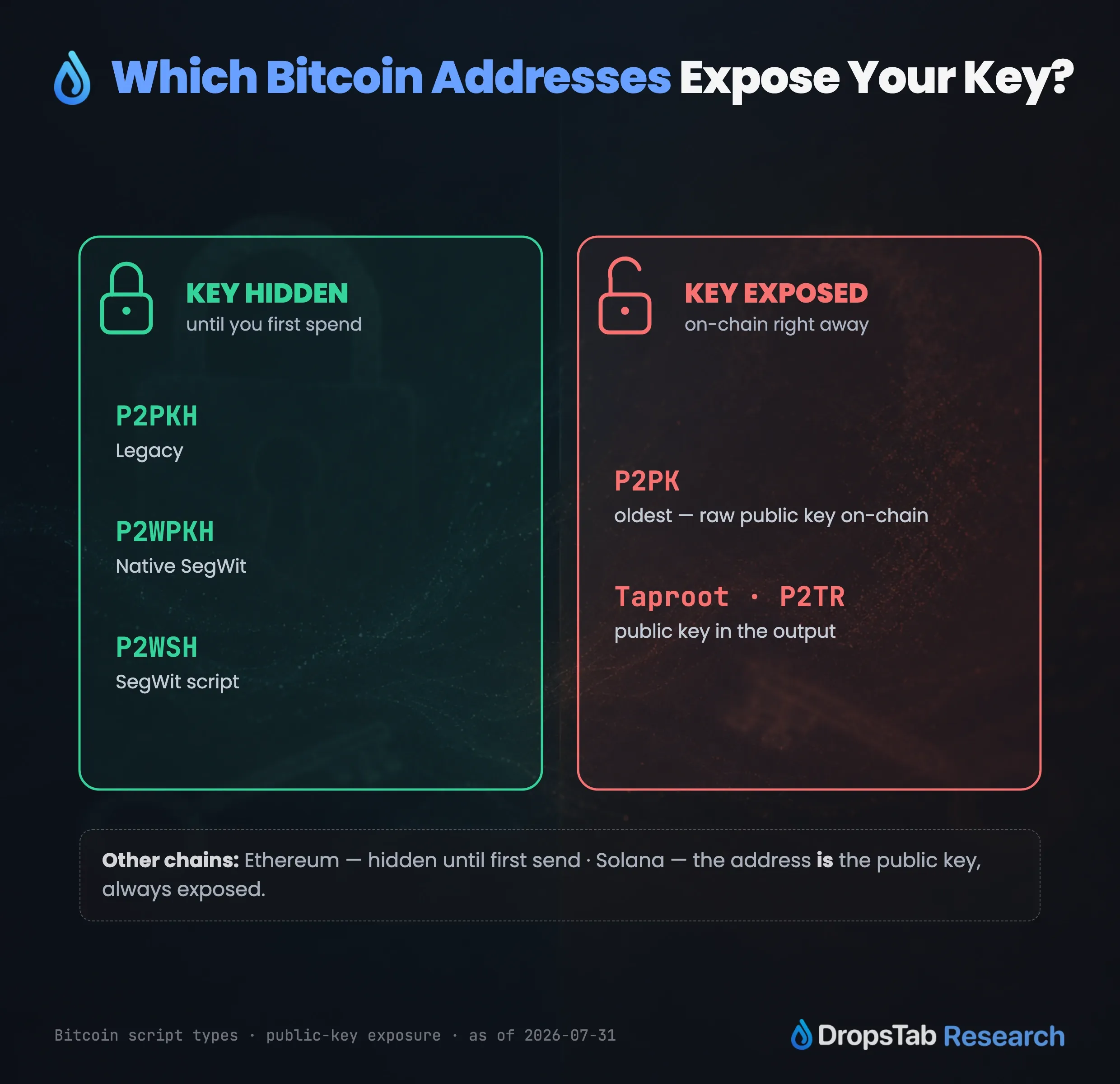 Bitcoin address types by key exposure: P2PKH and P2WPKH hide the key, P2PK and Taproot reveal it