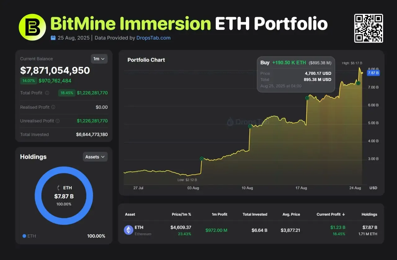 BitMine Immersion ETH portfolio dashboard with holdings, profit, and growth chart