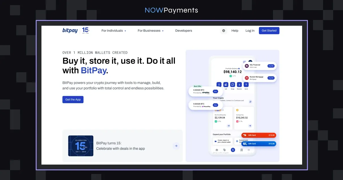BitPay crypto payment homepage with the BitPay wallet app for buying, storing and spending digital assets