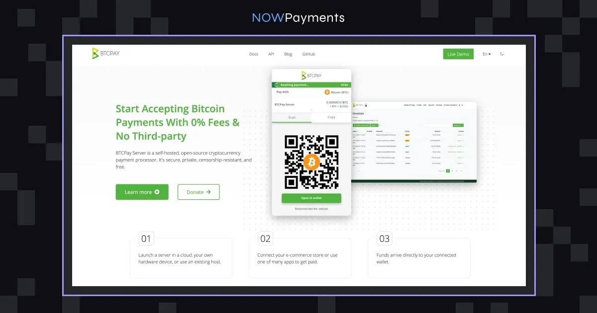 BTCPay Server self-hosted open-source Bitcoin payment processor homepage with a Lightning invoice checkout