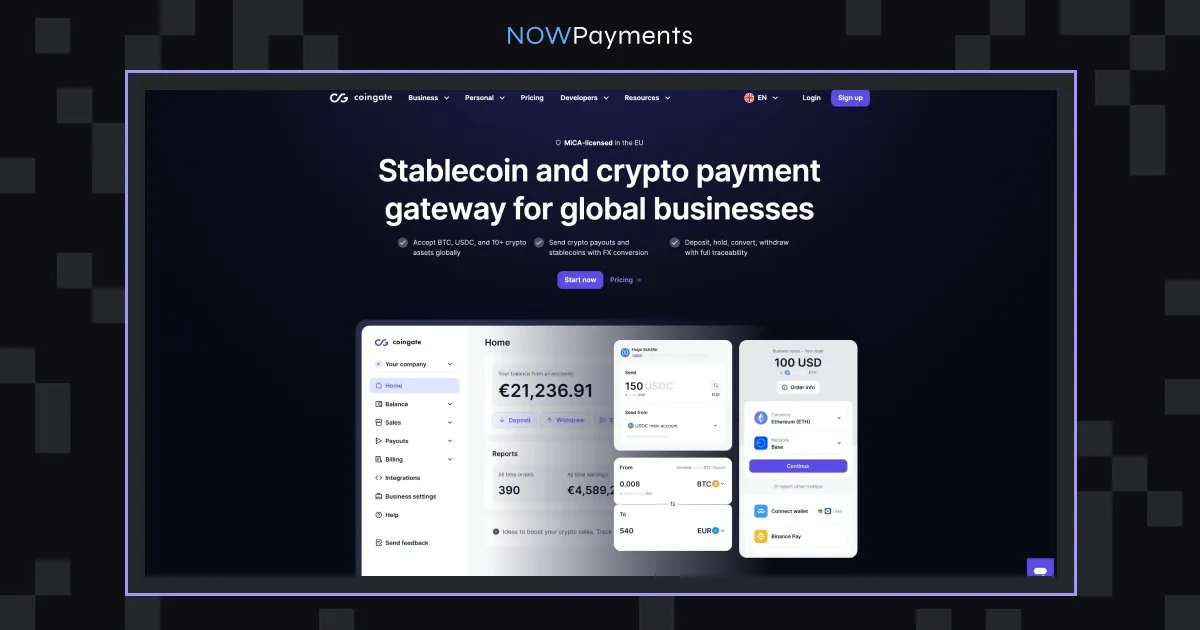 CoinGate MiCA-licensed crypto payment gateway homepage with a stablecoin and crypto settlement dashboard