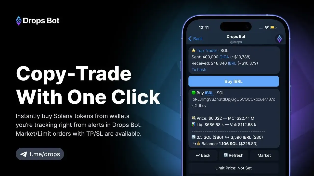 Copia tokens de Solana al instante con la función de un clic de Drops Bot