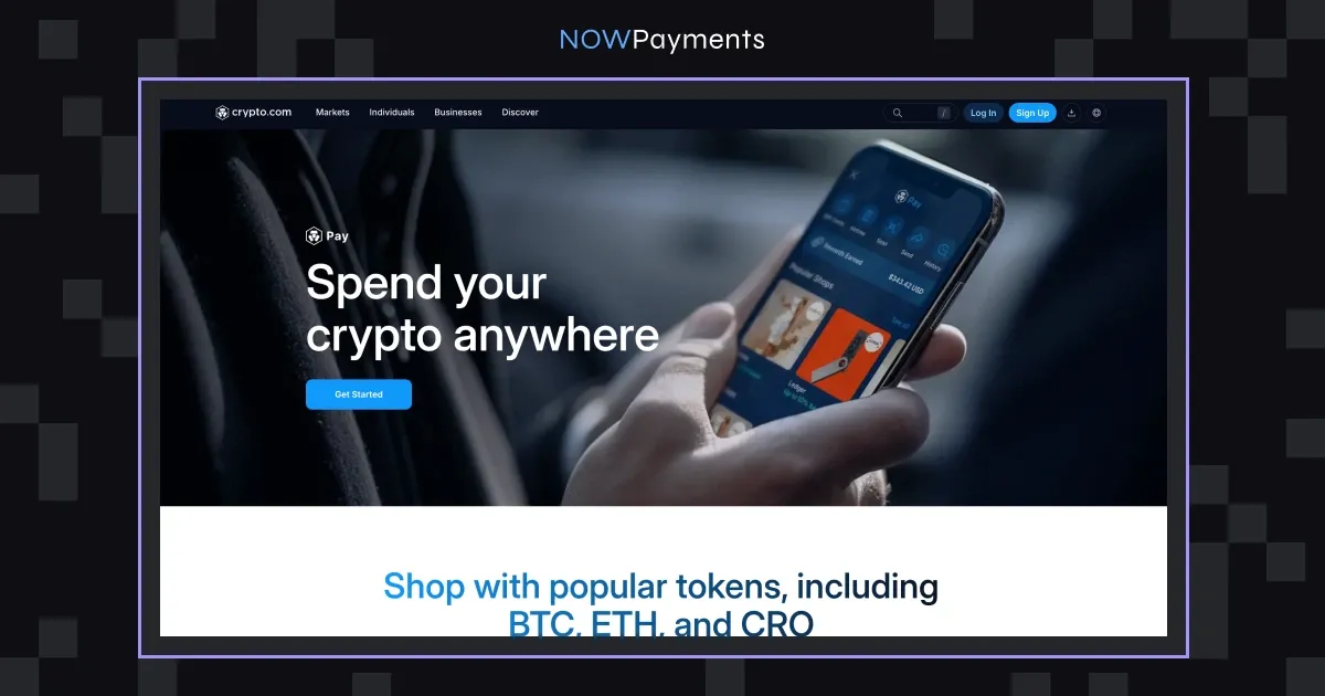Crypto.com Pay homepage — spend crypto anywhere, shop with BTC, ETH and CRO tokens