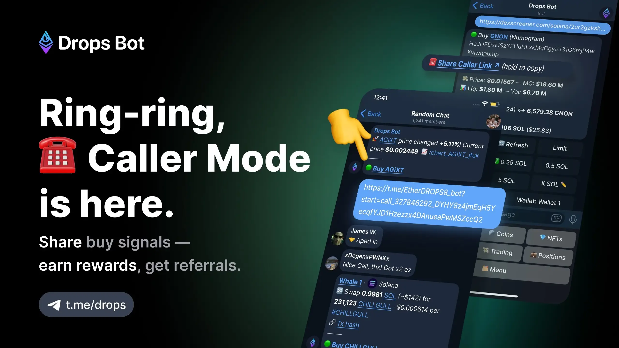 Función de Modo Llamador en Drops Bot con alertas de compra y recompensas por referidos