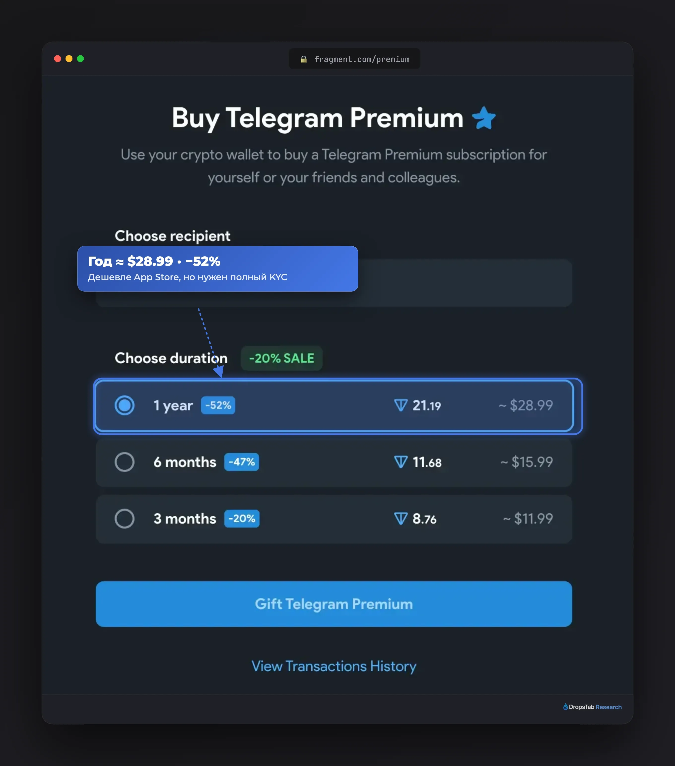 Fragment Telegram Premium: год 21.19 TON ≈ $28.99 (−52%), но покупка только после KYC