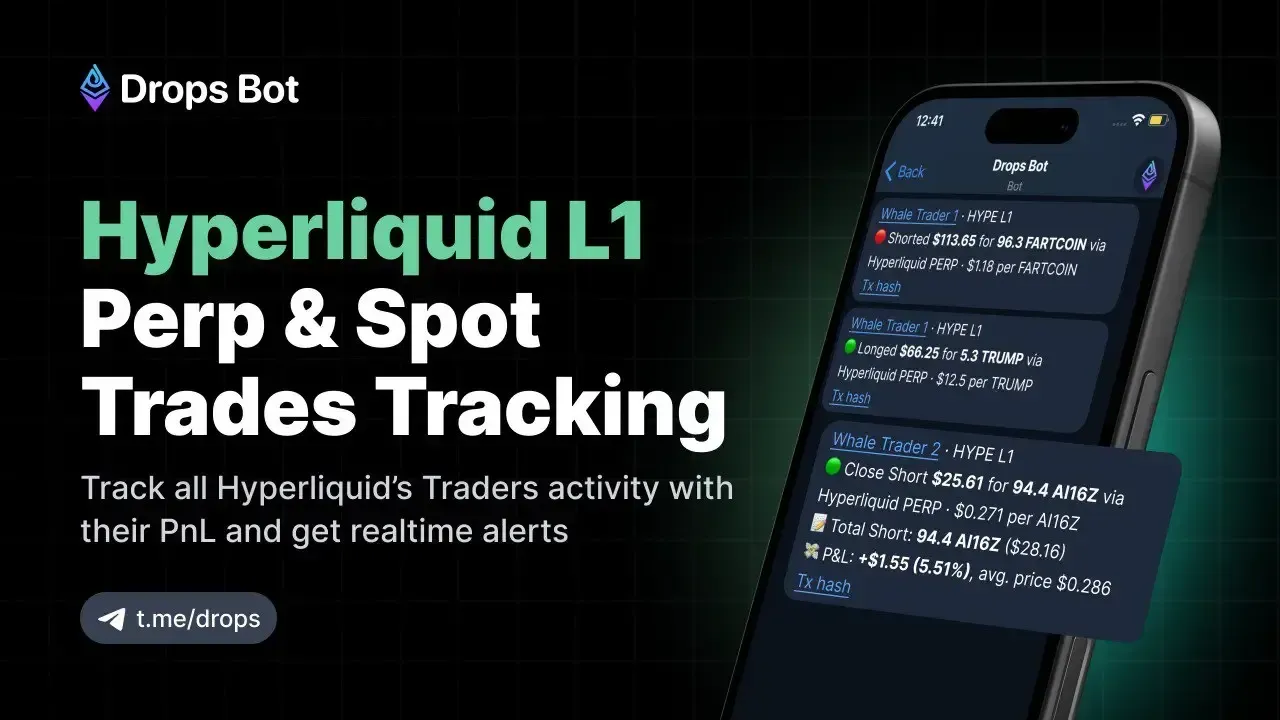 Отслеживание Hyperliquid L1 в Drops Bot: входы и выходы китов по перпам с живым PnL и ссылками на транзакции