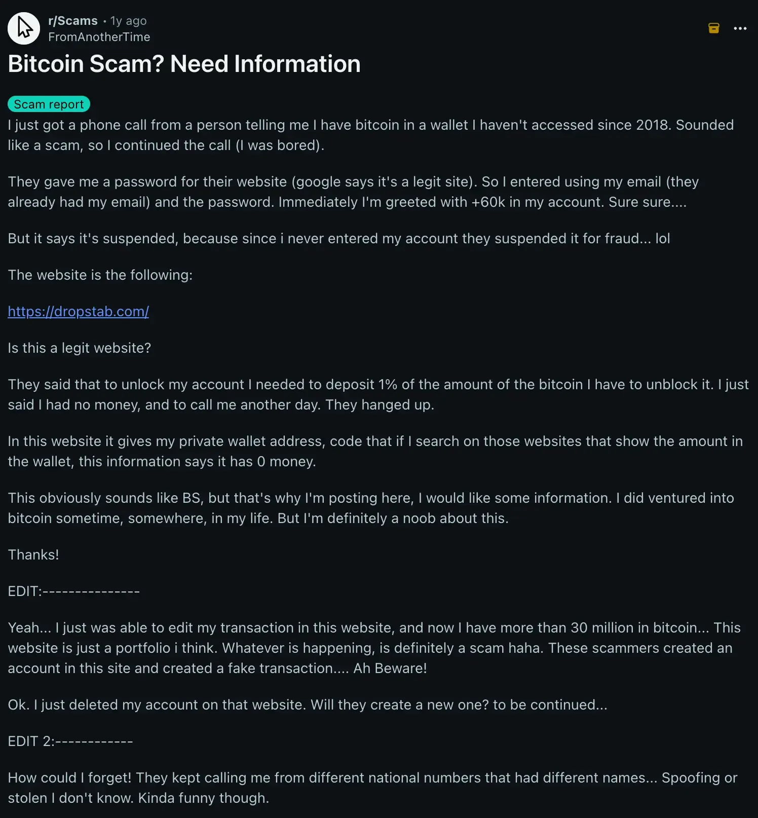 Dormant account scam example on Reddit