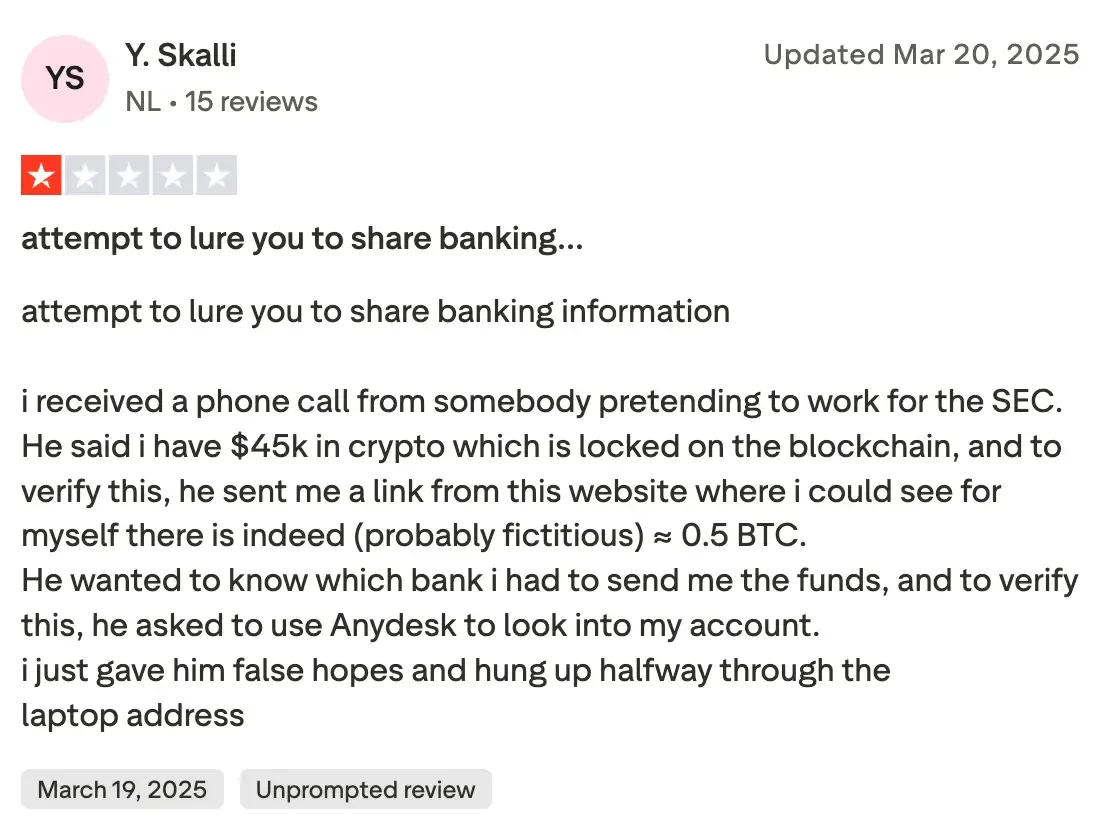 Virtual portfolio scam example on Trustpilot