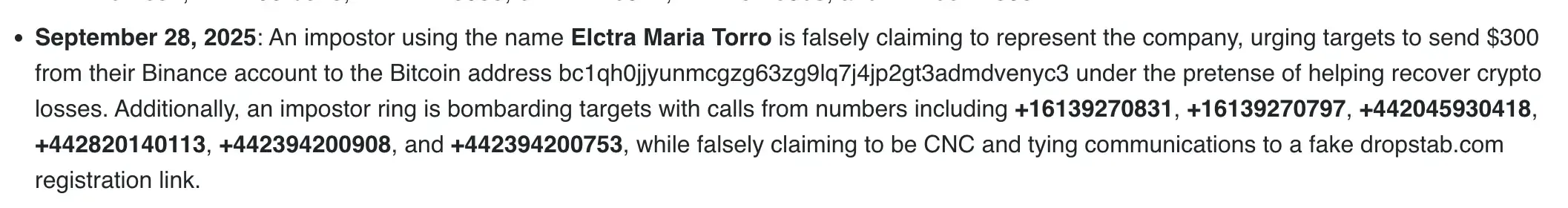 Impersonators scam example on CNCIntel