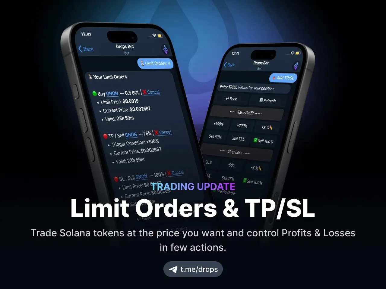 Órdenes limitadas y función TP/SL en Drops Bot