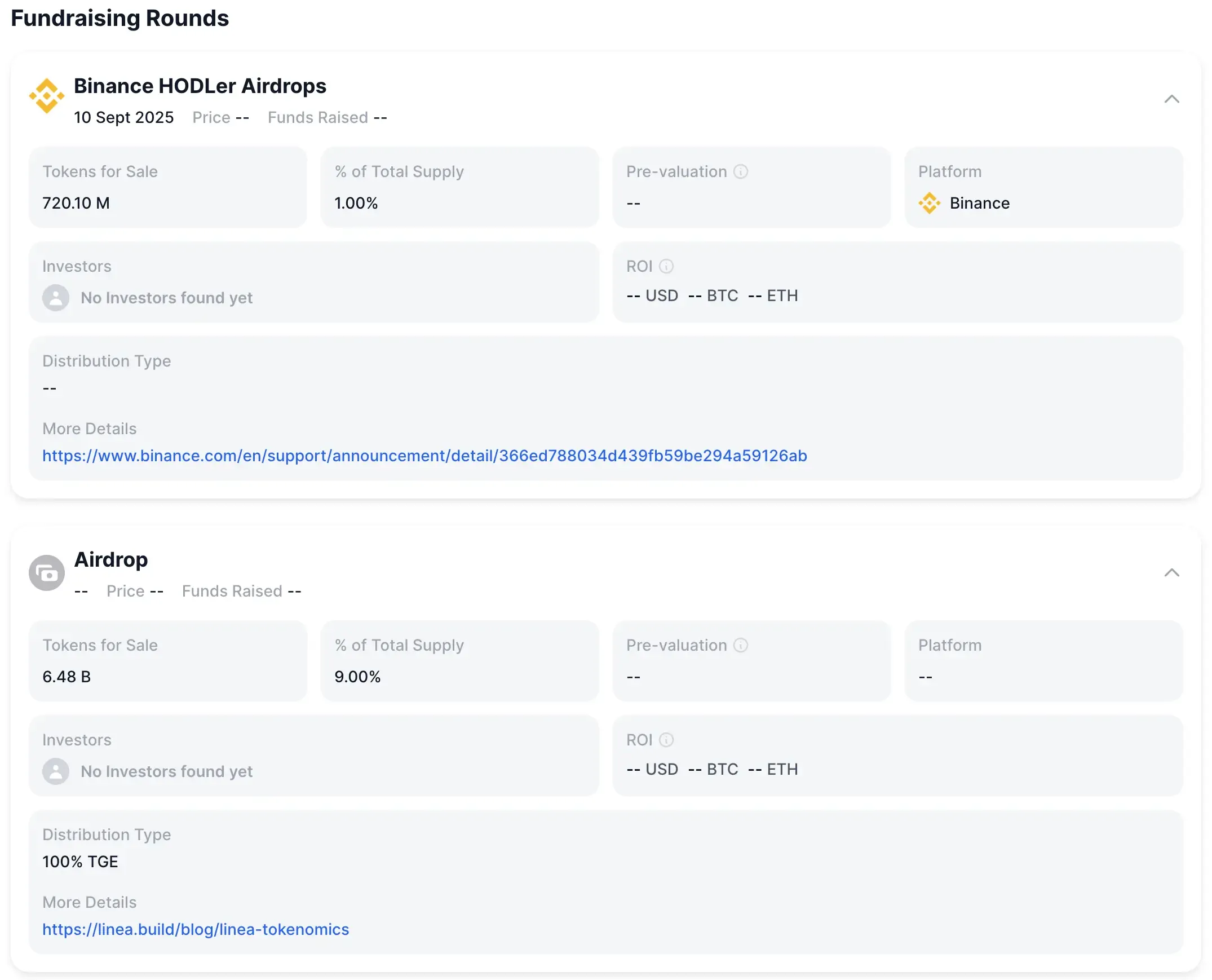 Dane wydarzenia generowania tokenów Linea (LINEA) pokazujące 9% airdrop i 1% dystrybucję Binance HODLer we wrześniu 2025.