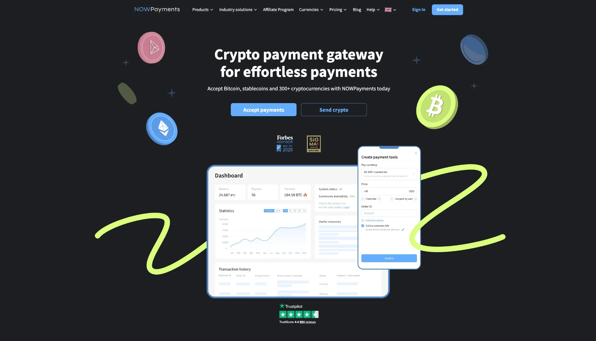 NOWPayments crypto payment gateway dashboard showing balance, payouts and turnover with a payment-tool creation panel