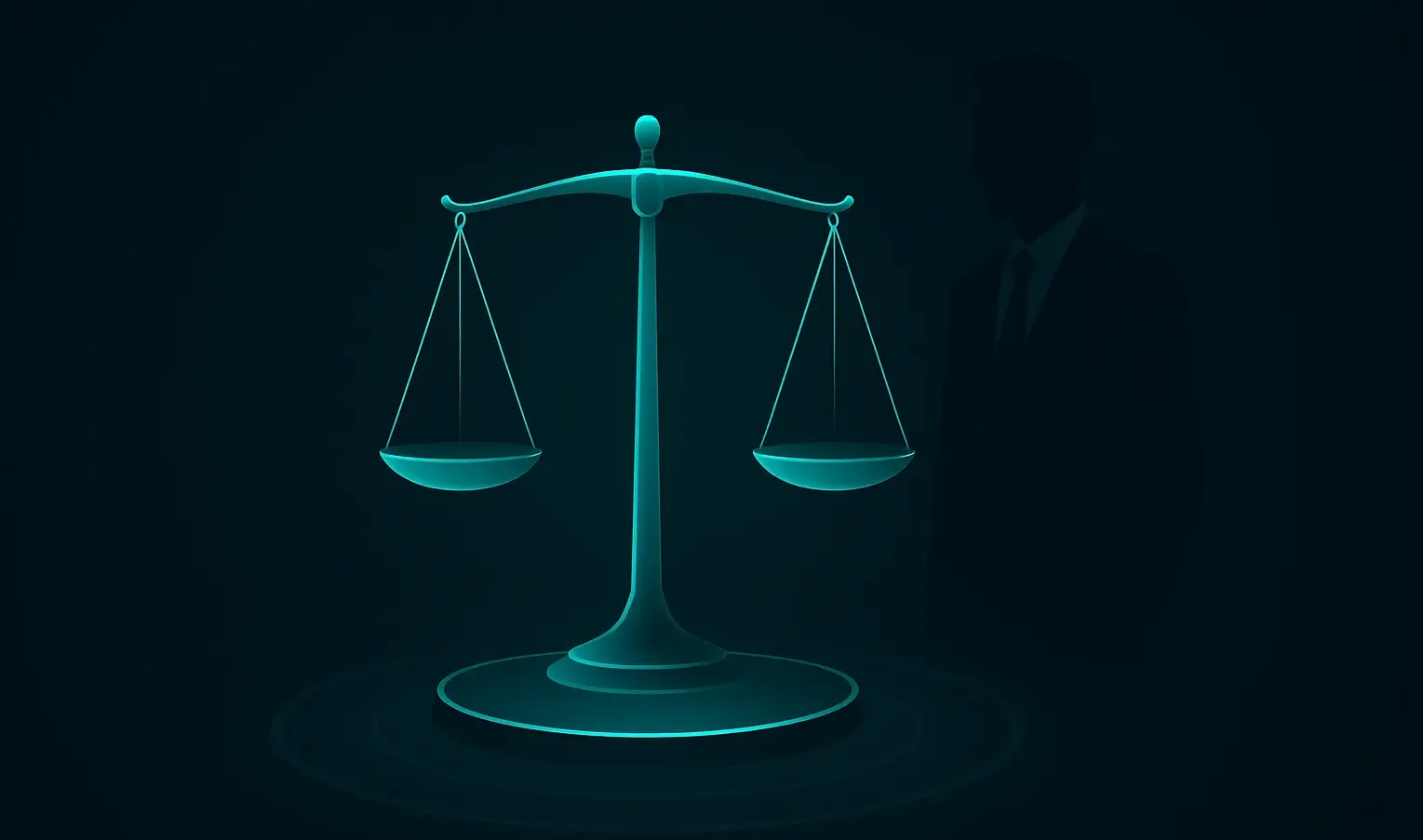 Minimalist digital illustration of a futuristic balance scale in teal light, set against a dark, clean background.