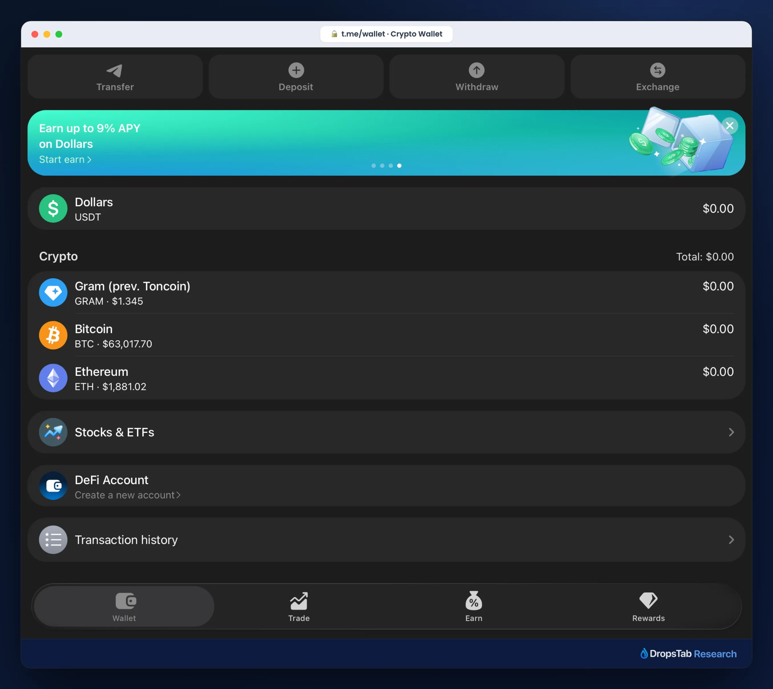 Telegram @wallet custodial home screen with balances, transfer and deposit actions, and the DeFi Account entry