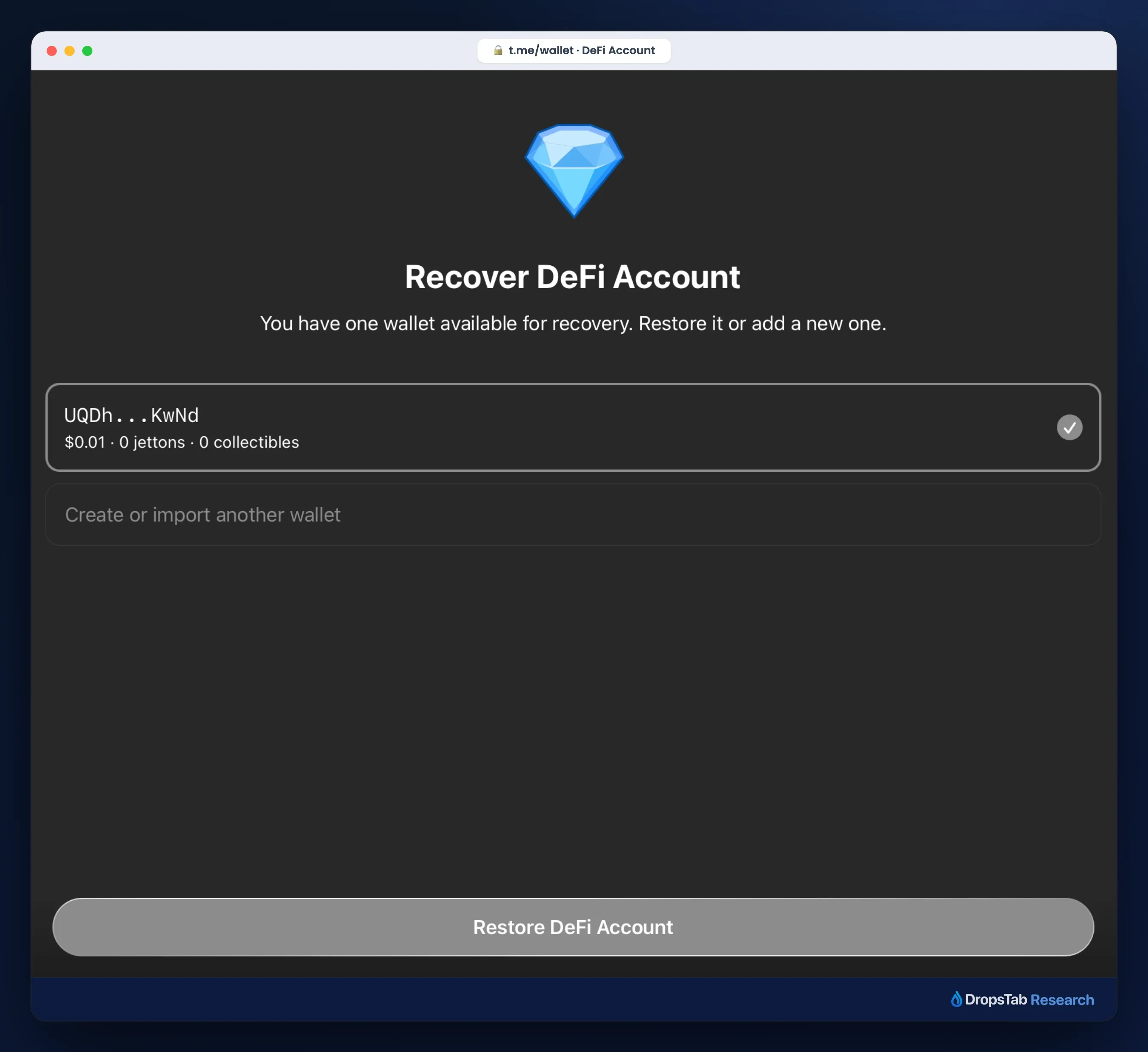 Telegram Wallet DeFi Account self-custody recovery screen showing your own on-chain wallet