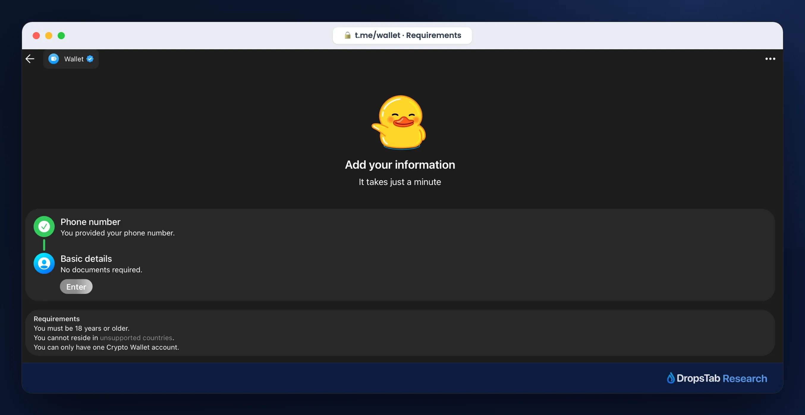Telegram Wallet requirements screen: no documents required, and residents of unsupported countries are excluded