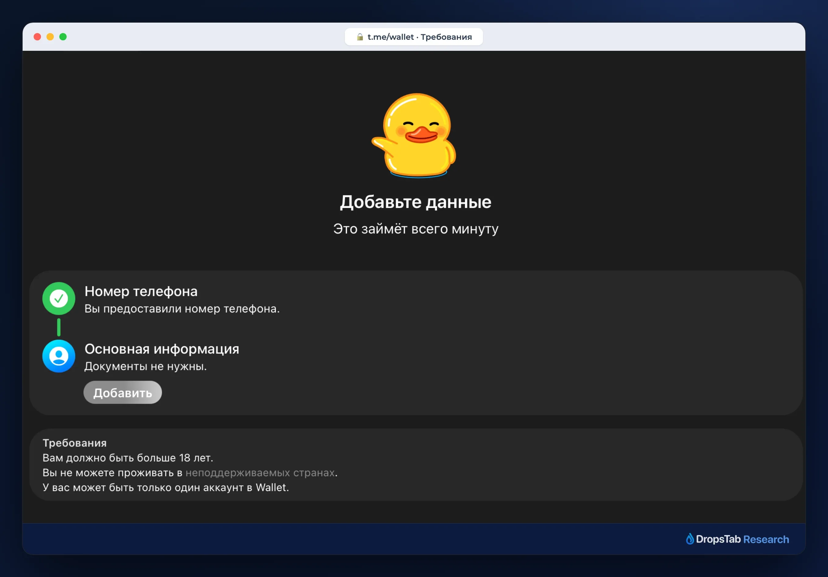 Экран требований Telegram Wallet: документы не нужны, а проживание в неподдерживаемых странах запрещено