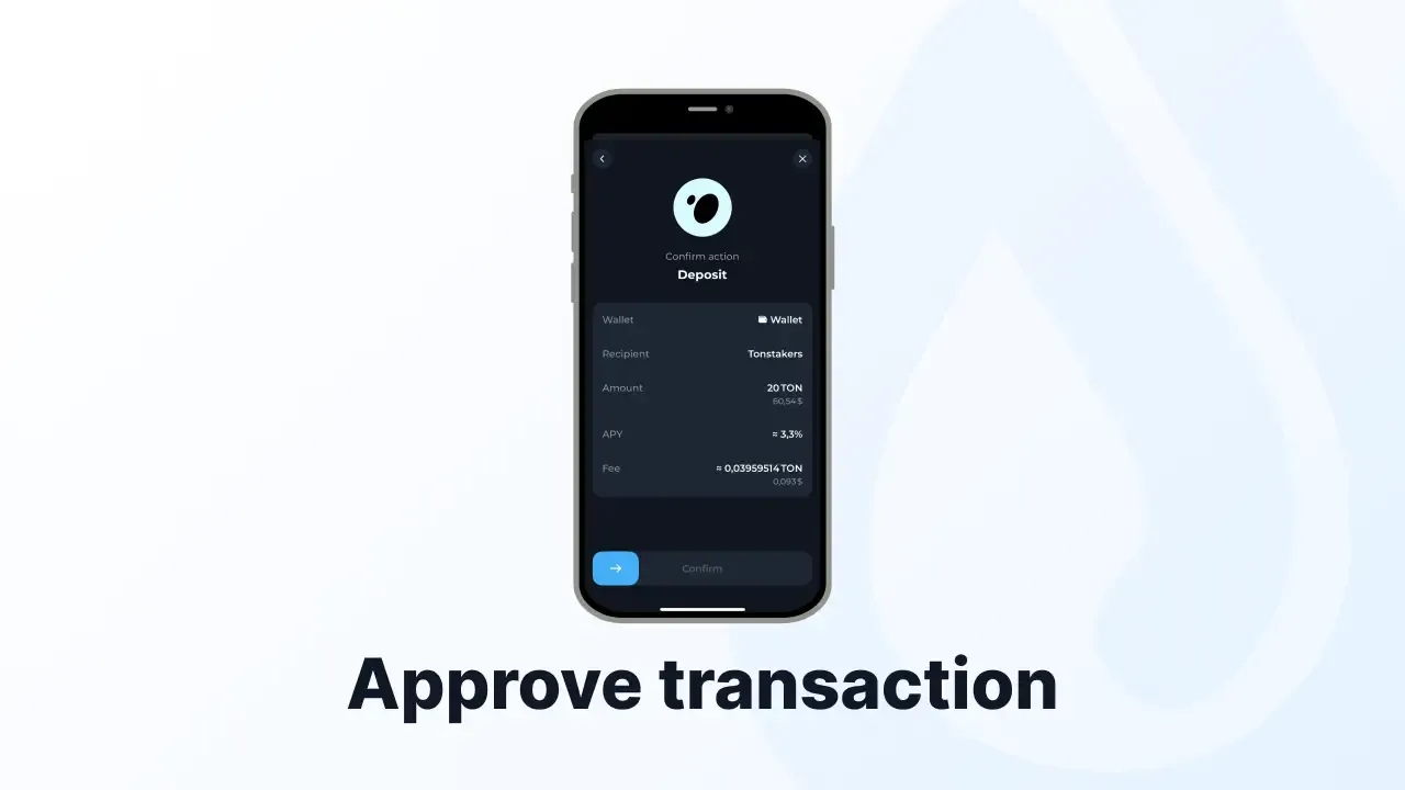 Tonkeeper app screen showing confirmation details for a TON staking deposit