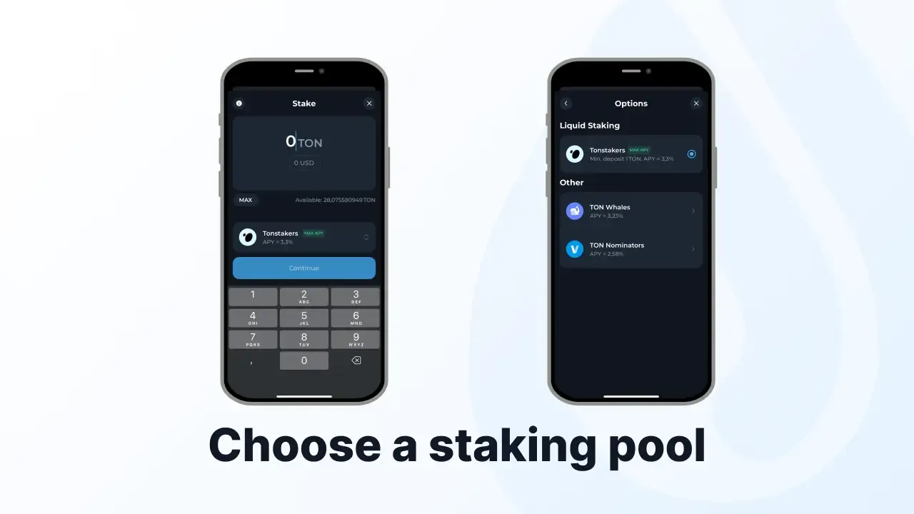 Tonkeeper app screens for selecting a TON staking pool and entering stake amount