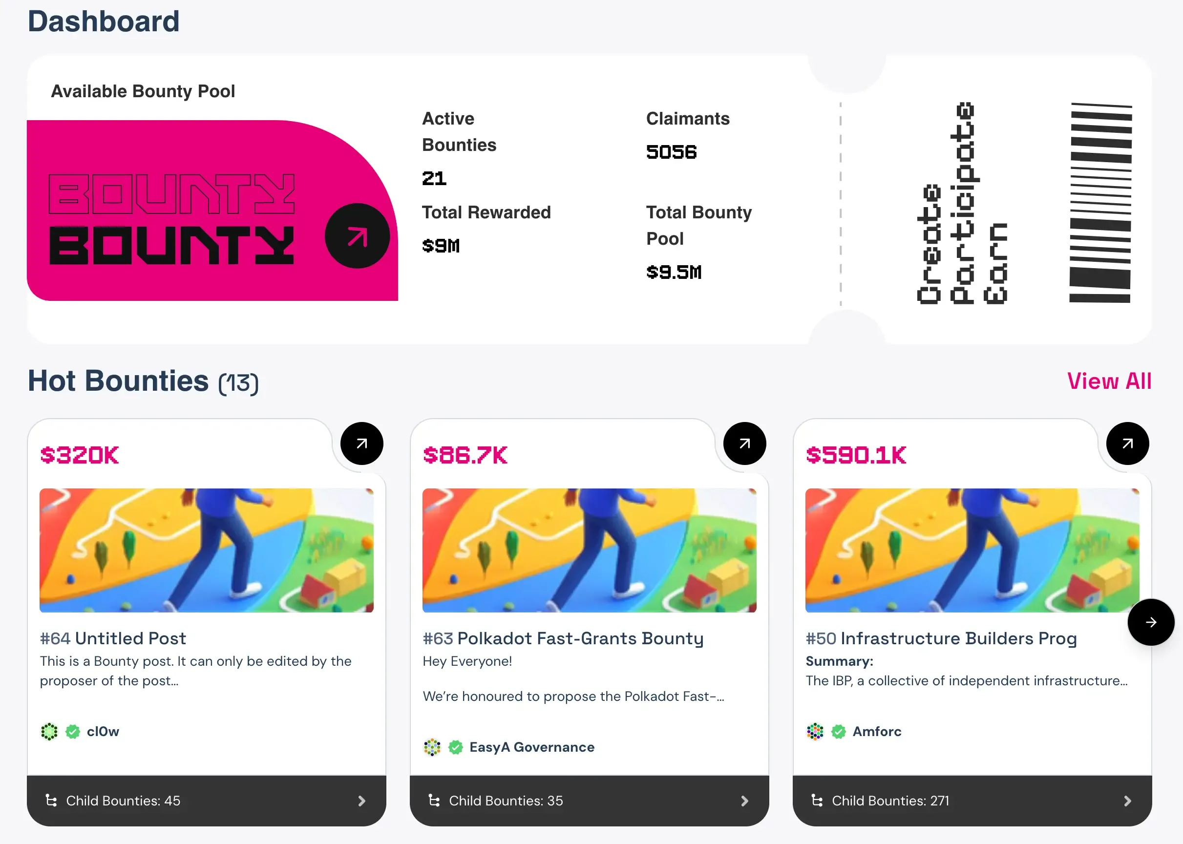 Polkadot available bounty pool dashboard showing the 21 bounties available globally