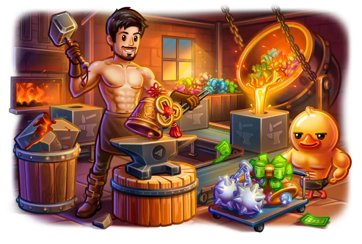 Blacksmith and mascot forging rare Telegram Gifts on a branded anvil