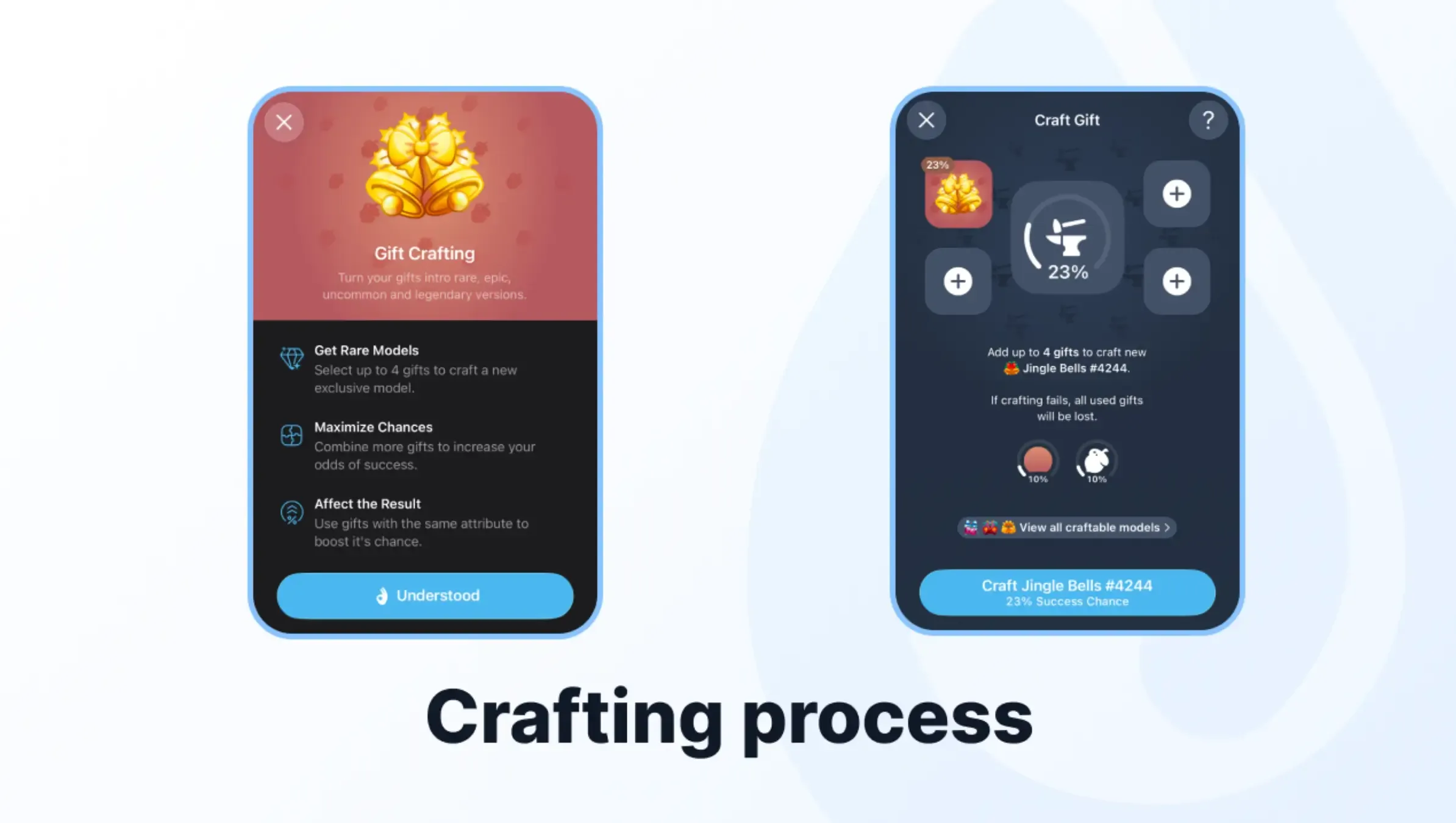 Screenshots of the Telegram Gift Crafting menu showing success probability and gift configuration slots